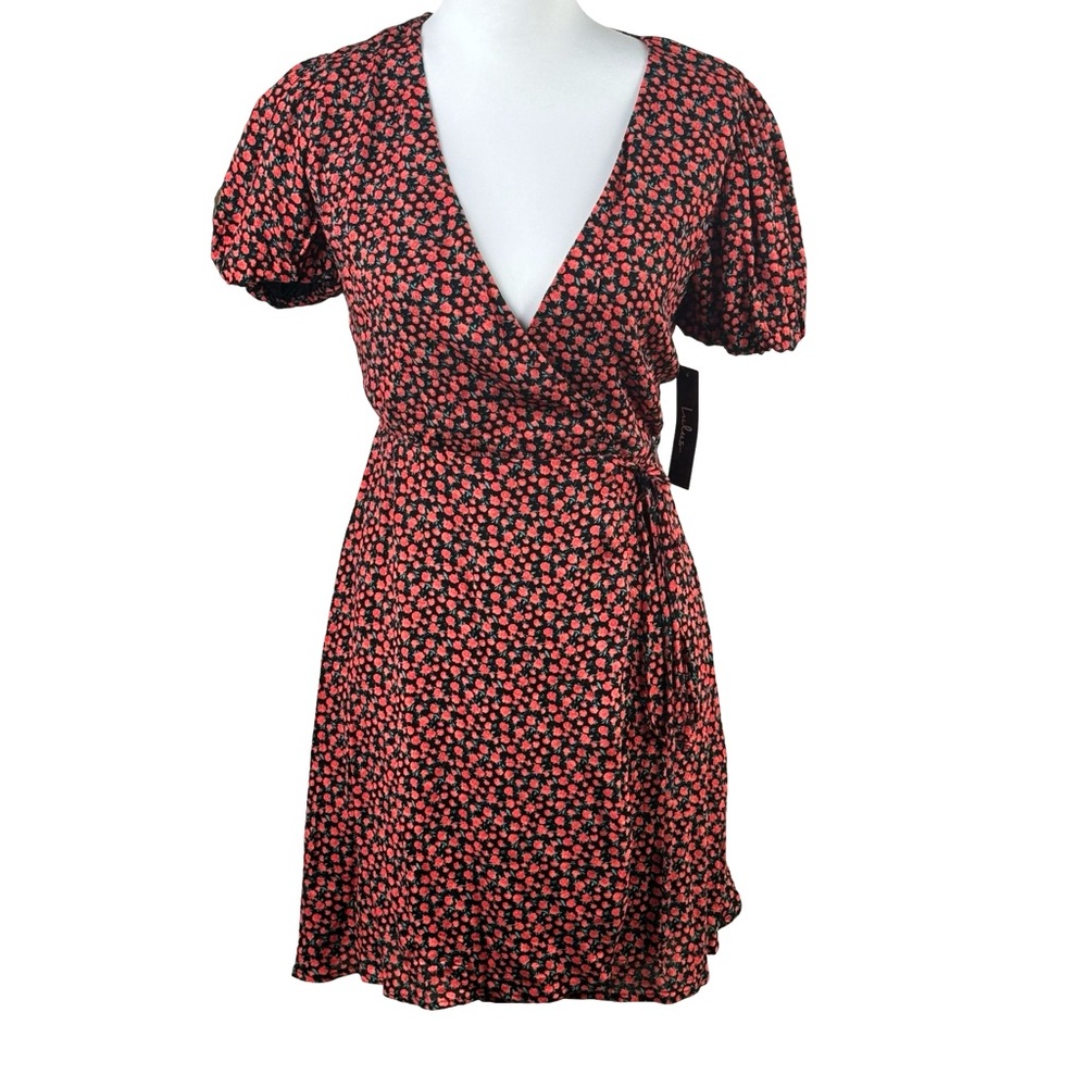 NWT Lulus Red Floral Wrap Your Favorite One Puff Sleeve Black Mini Dress Size XS